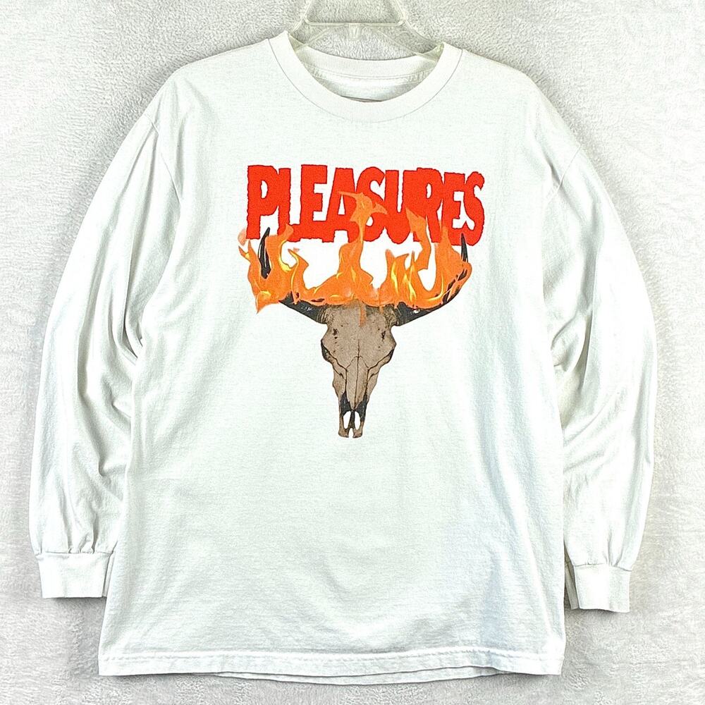 Pleasures Shirt Mens L White Cow Ranger Skull Flames Streetwear Skater Punk